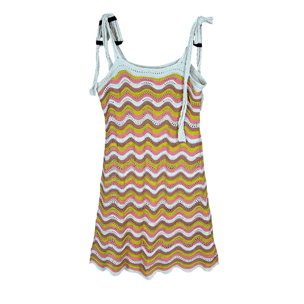 Lulus Crochet Mini Dress XL Pink Yellow Chevron Wave Tie Strap Boho Lined